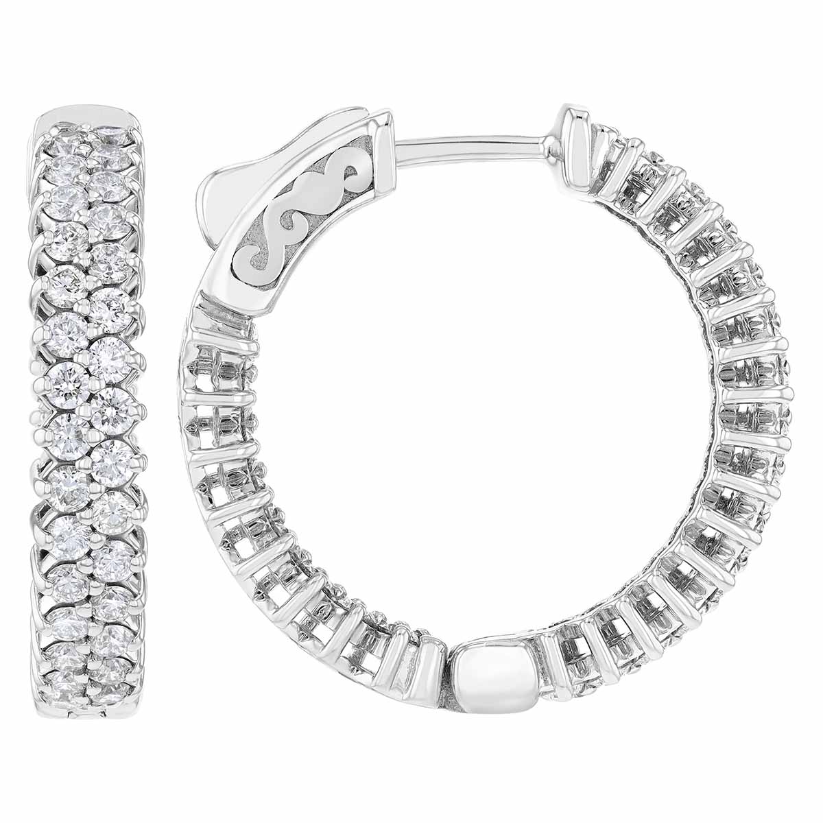 Diamond Two Row In & Out Hoop Earrings in White Gold, 1.80 cttw