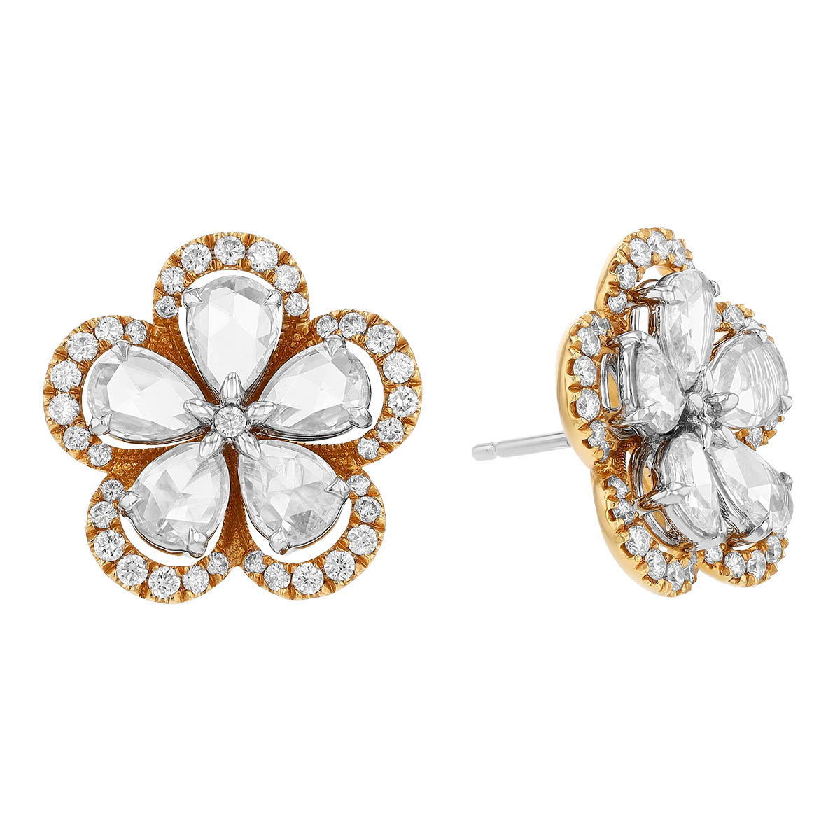 TARA Pearls Pear Rose Cut Diamond Flower & Halo Stud Earrings in Two Tone