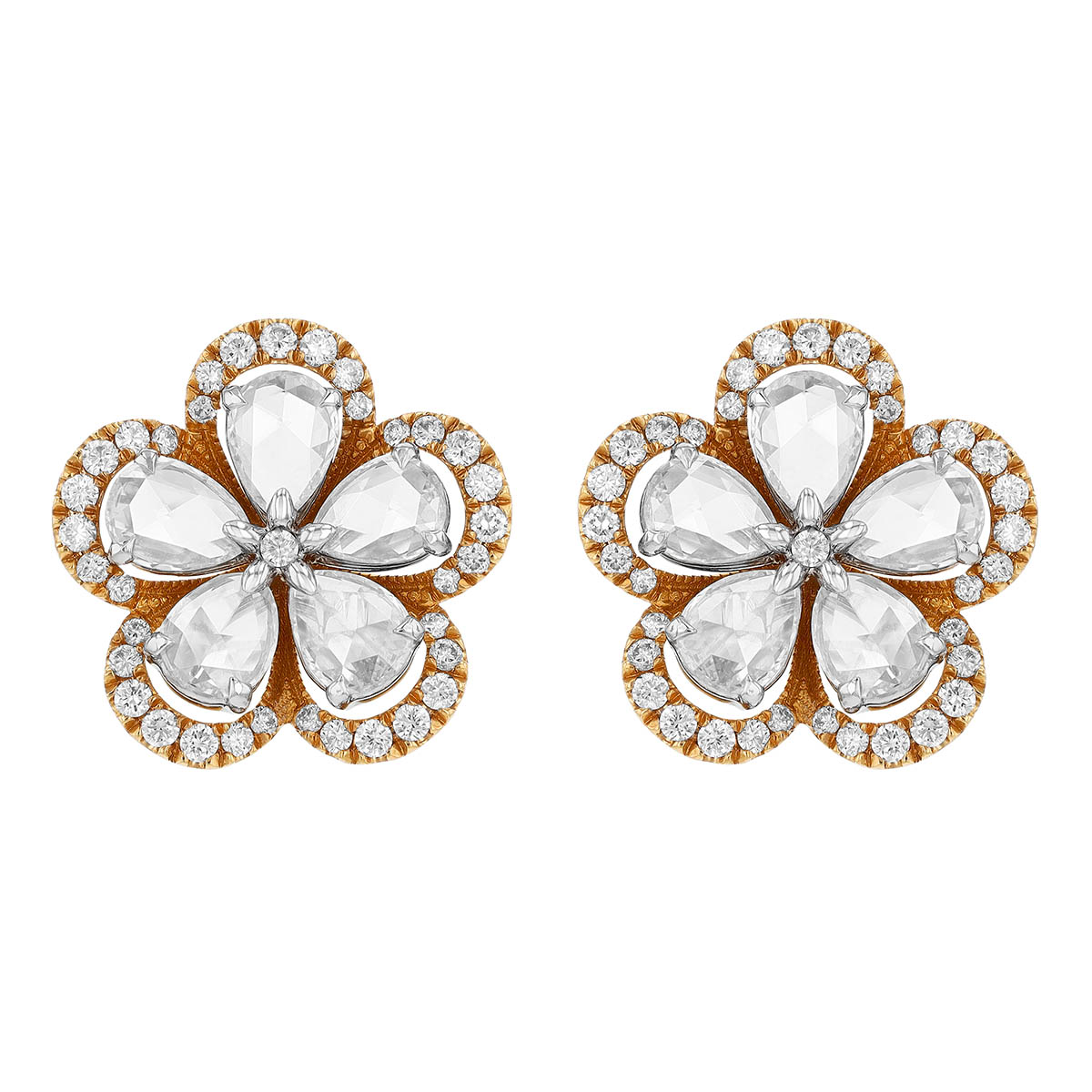 TARA Pearls Pear Rose Cut Diamond Flower & Halo Stud Earrings in Two Tone