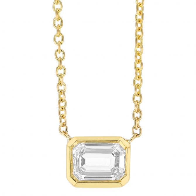 Roberto Coin Emerald Cut Diamond Solitaire Bezel Set Pendant in Yellow Gold, 18"