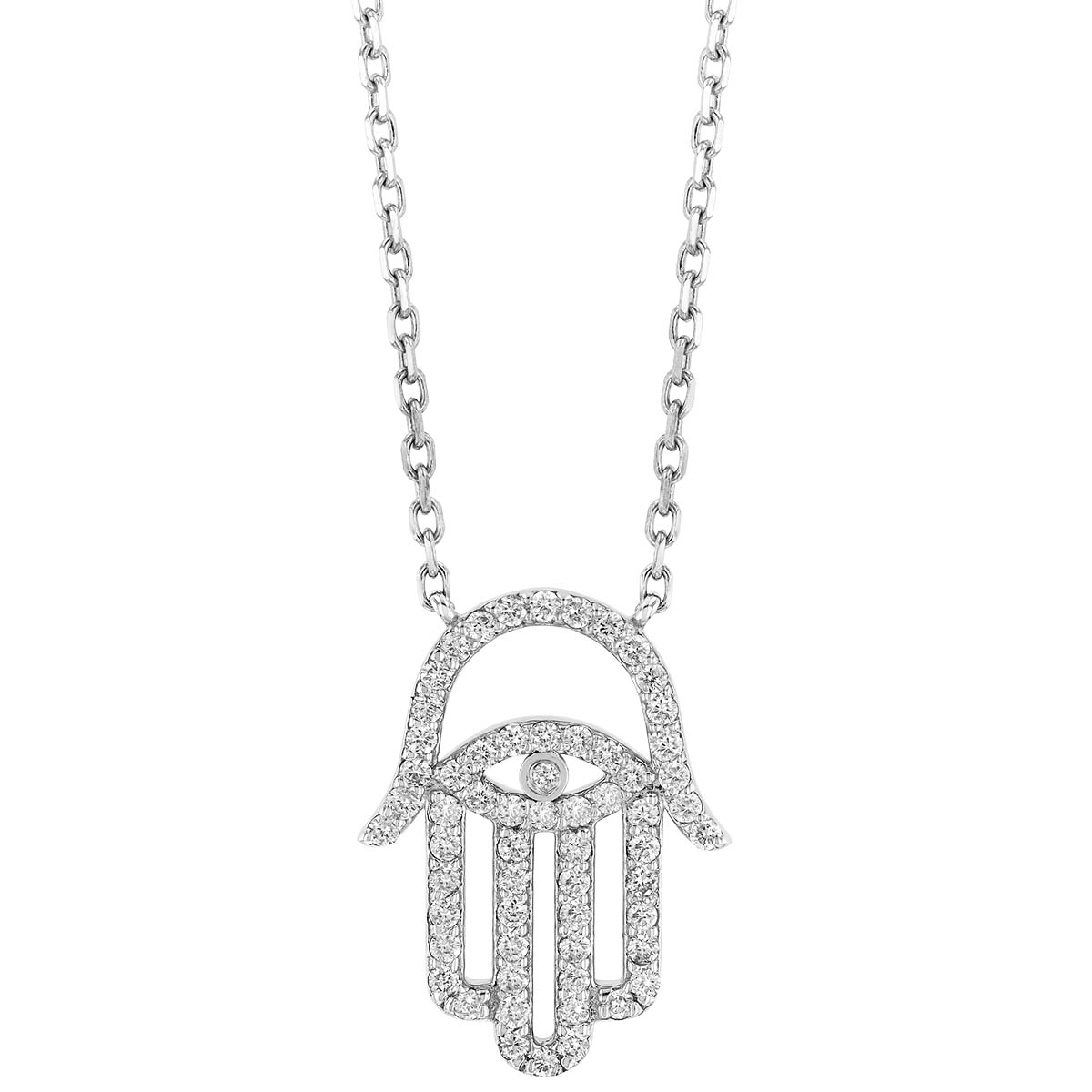 Diamond Hamsa Outline Necklace in White Gold, 17