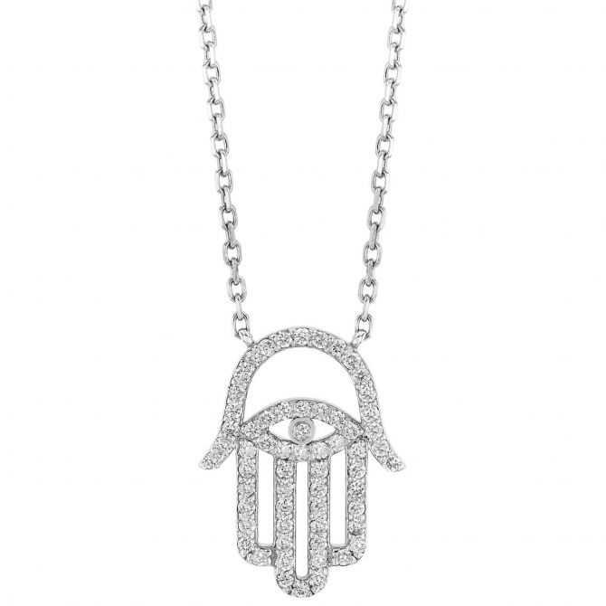 Diamond Hamsa Outline Necklace in White Gold, 17"