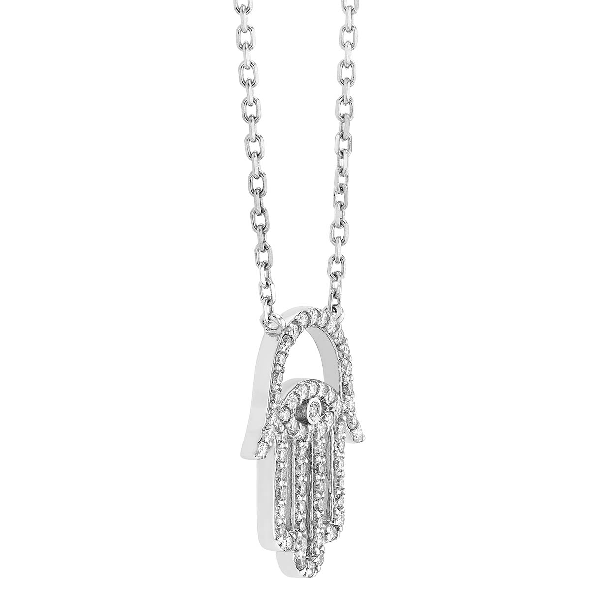 Diamond Hamsa Outline Necklace in White Gold, 17