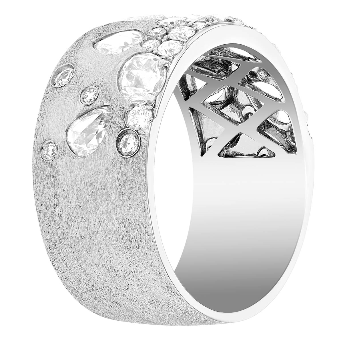Flush Set Mixed Shape Diamond Scatter Wide Band Ring in White Gold
