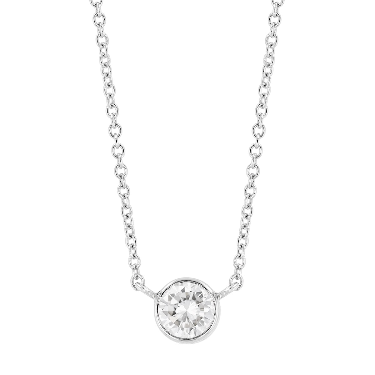 Round Bezel Set Diamond Single Station Necklace in White Gold, 18