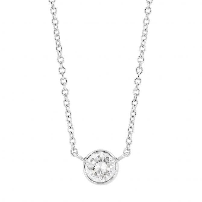 Round Bezel Set Diamond Single Station Necklace in White Gold, 18", 0.37 cttw