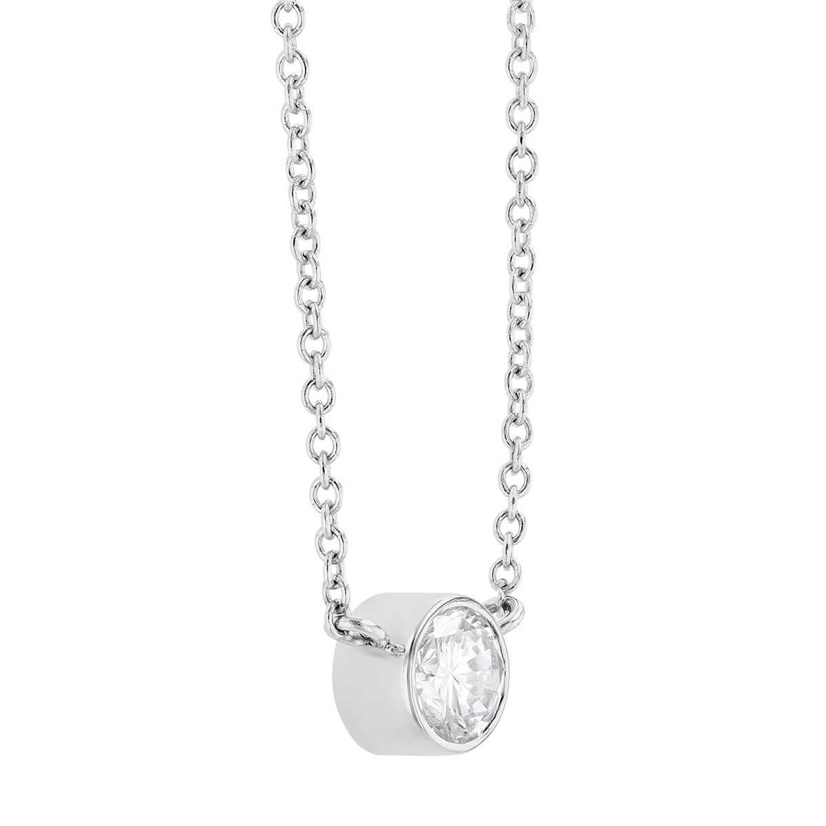 Round Bezel Set Diamond Single Station Necklace in White Gold, 18