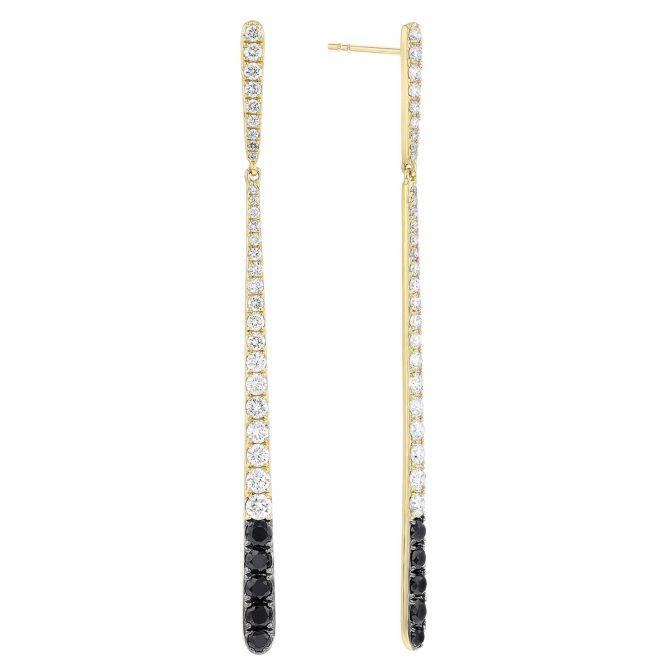 White & Black Diamond Column Dangle Earrings in Yellow Gold