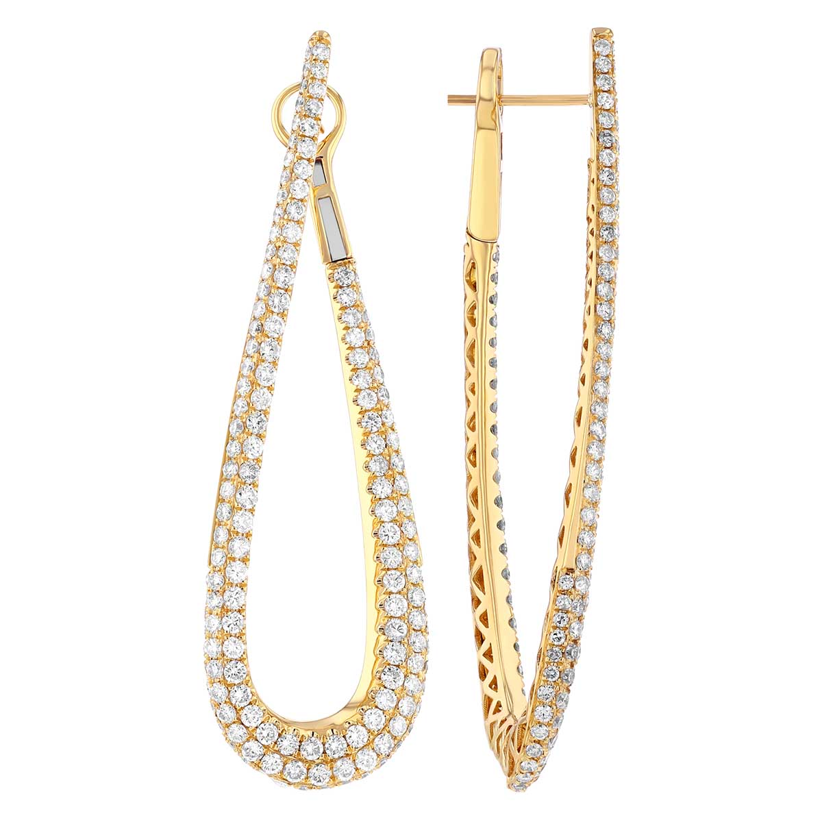 Diamond Pavé Long Teardrop Shaped Front-to-Back Earrings in Yellow Gold