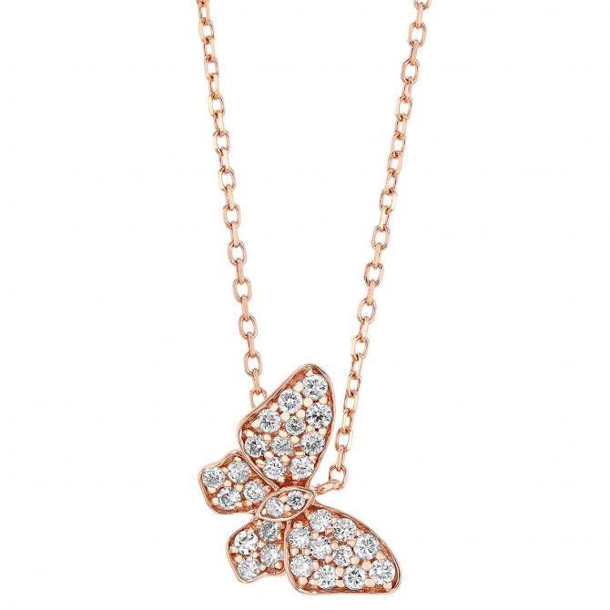 Diamond Pave Tilted Butterfly Necklace in Rose Gold, 16"