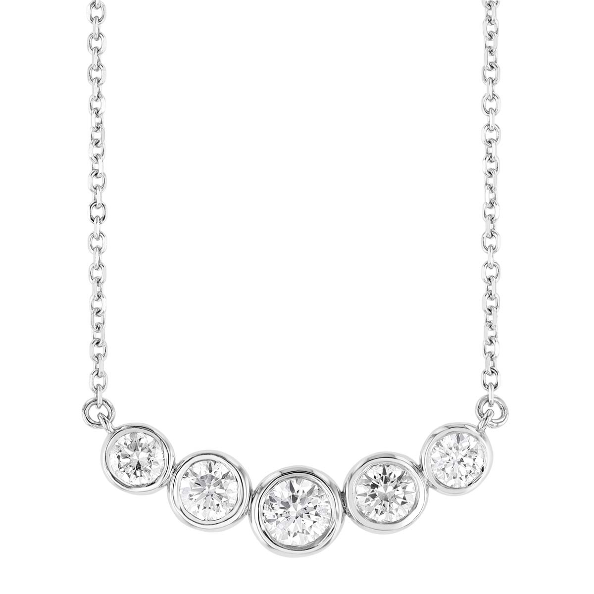 Graduated Bezel Set Diamond 5 Stone Necklace in White Gold, 18