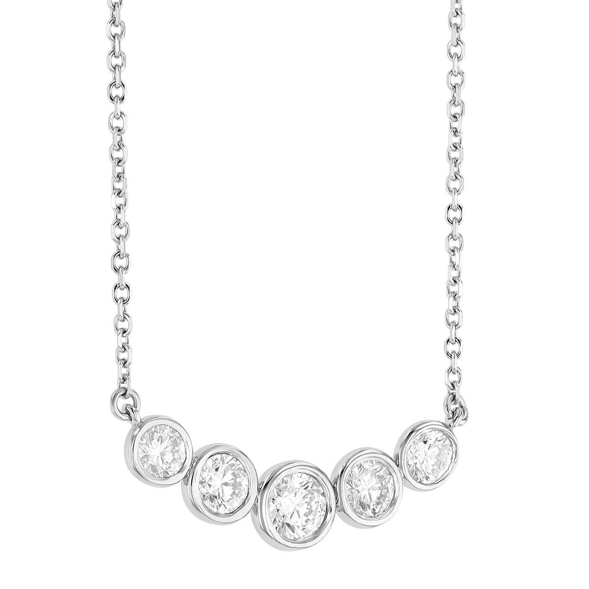 Graduated Bezel Set Diamond 5 Stone Necklace in White Gold, 18