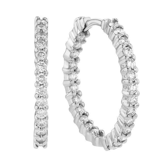 Diamond In & Out Shared Prong Hoop Earrings in White Gold, 1.00 cttw