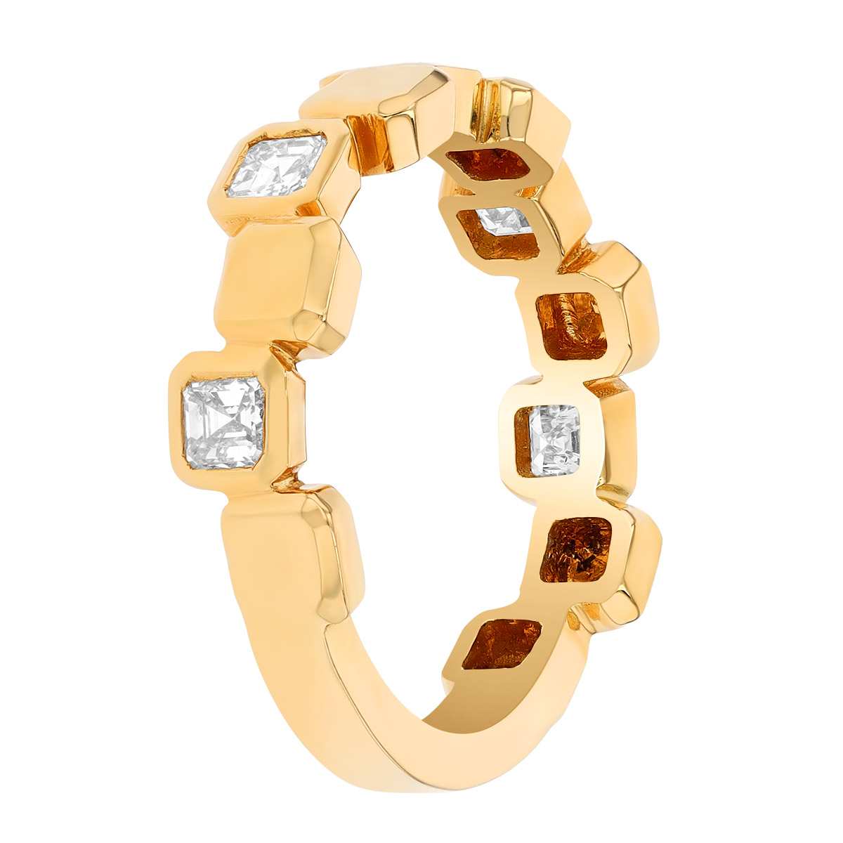 Bezel Set Asscher Cut Diamond Square Pattern Ring in Yellow Gold
