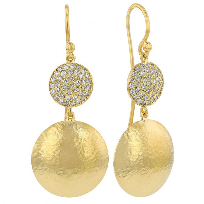 Marika Diamond Pavé & Hammered Yellow Gold Double Circle Dangle Earrings