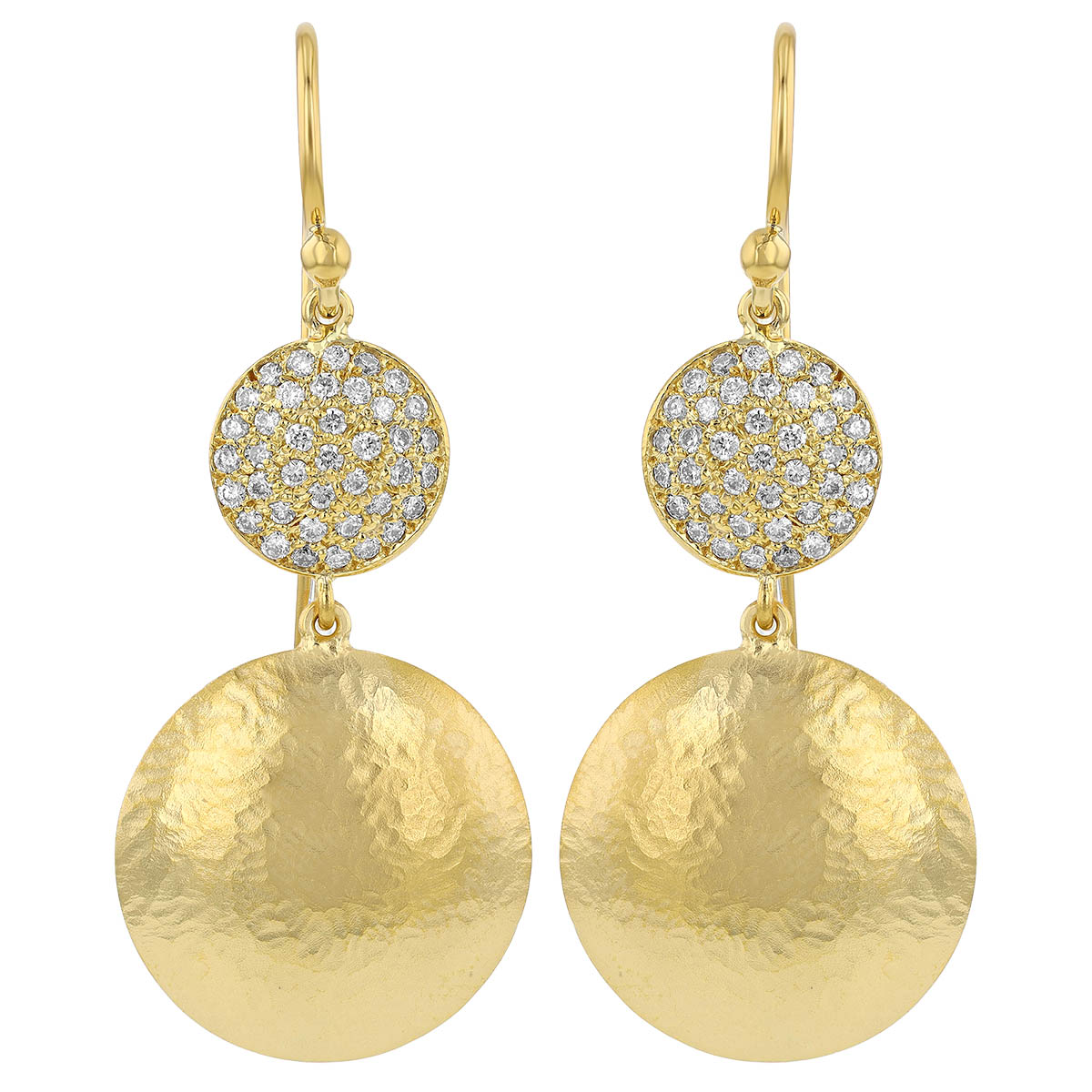 Marika Diamond Pavé & Hammered Yellow Gold Double Circle Dangle Earrings