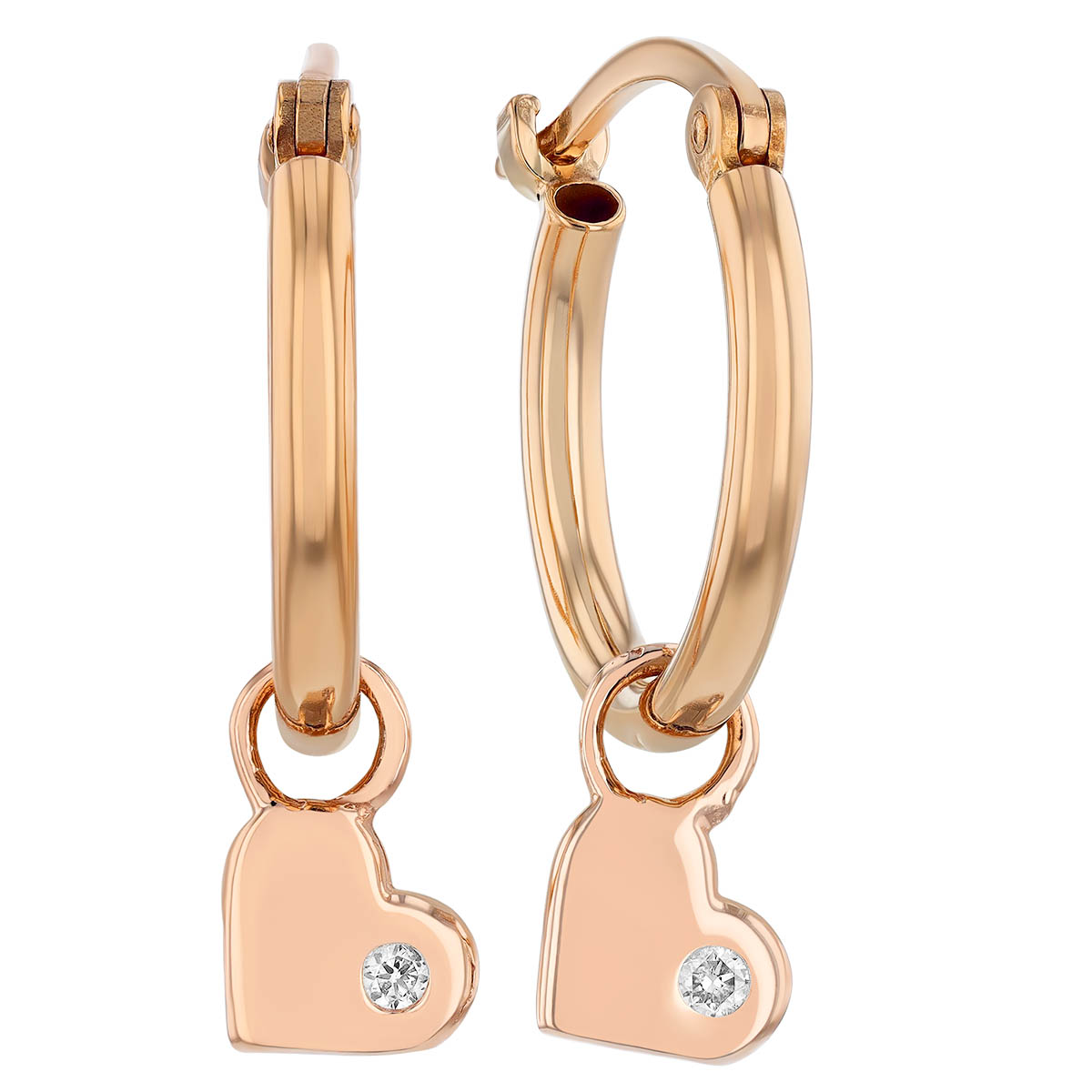 Diamond Heart Drop Hoop Earrings in Rose Gold