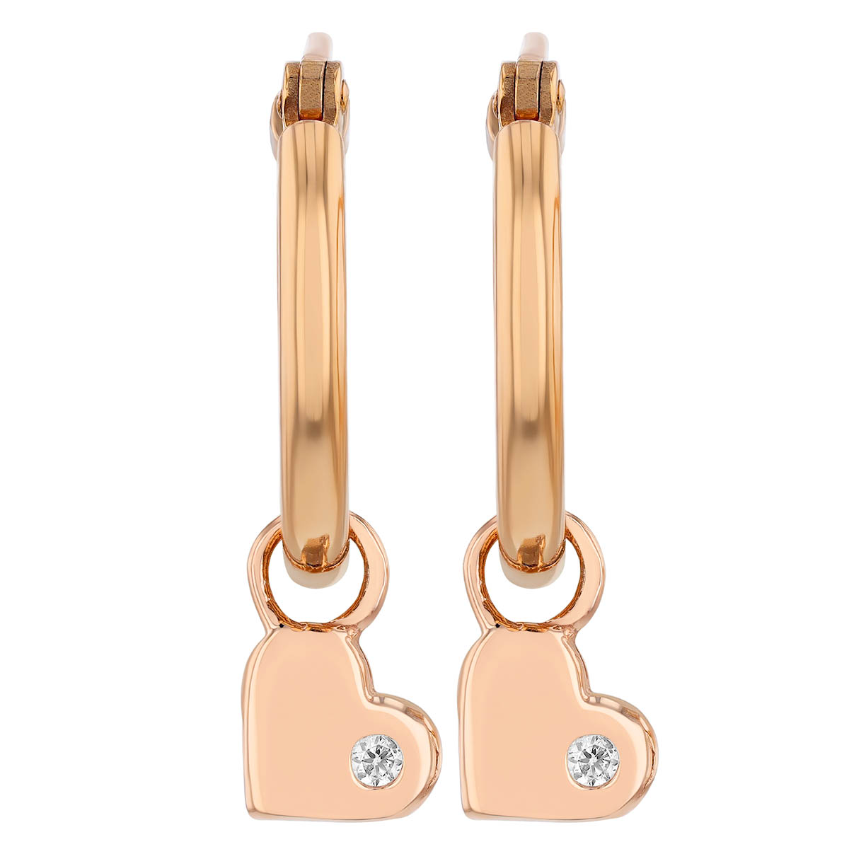 Diamond Heart Drop Hoop Earrings in Rose Gold