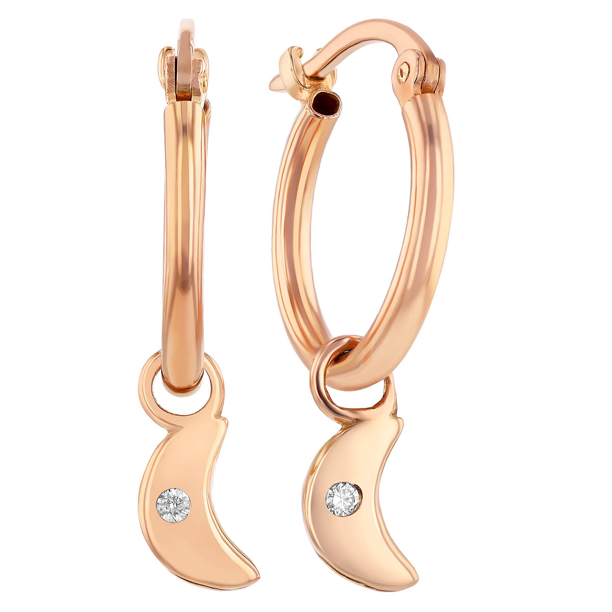 Diamond Moon Drop Hoop Earrings in Rose Gold