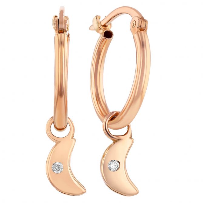 Diamond Moon Drop Hoop Earrings in Rose Gold