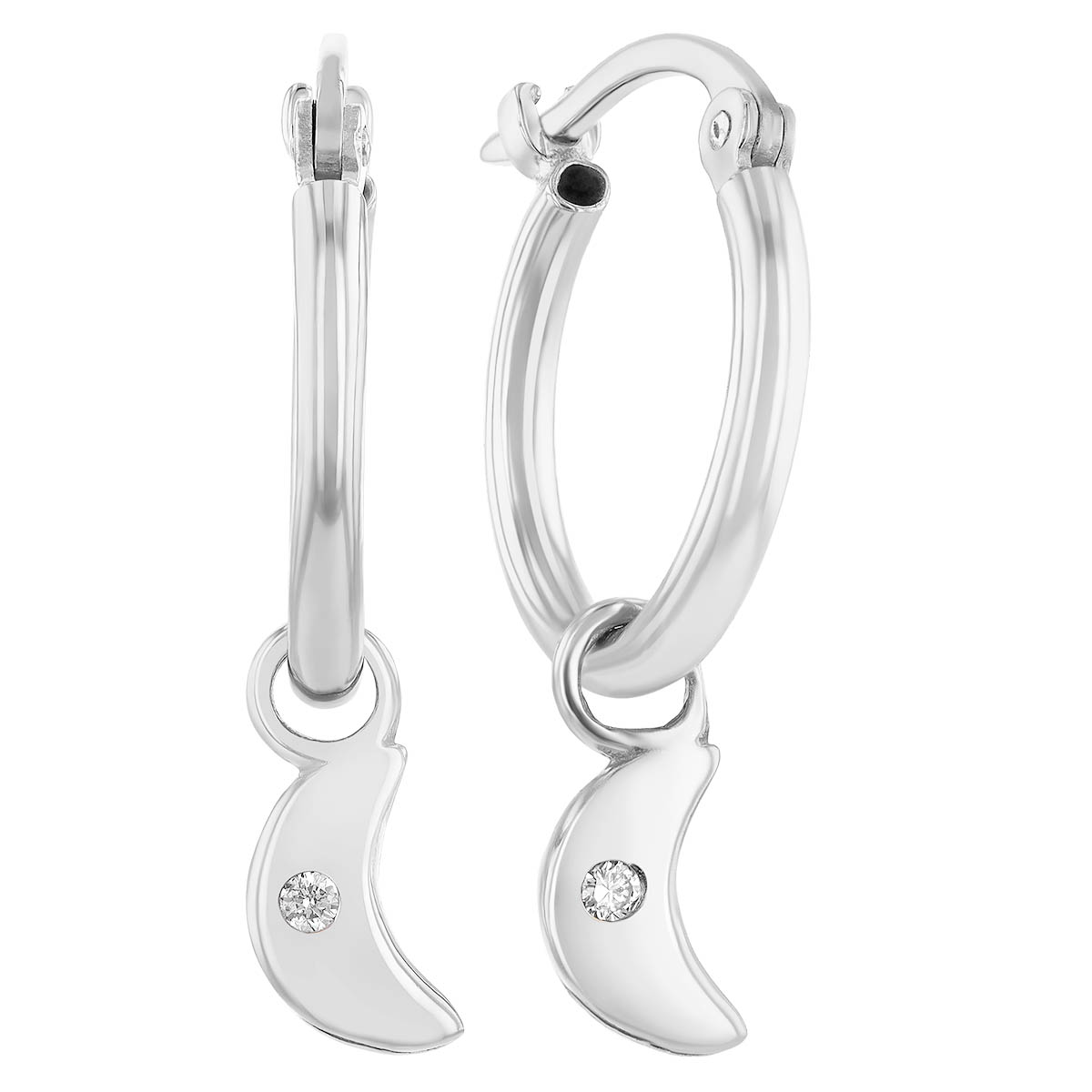 Diamond Moon Drop Hoop Earrings in White Gold