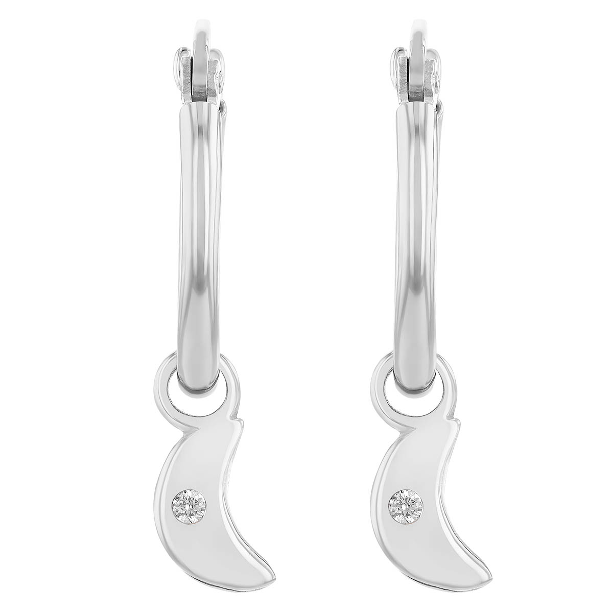 Diamond Moon Drop Hoop Earrings in White Gold