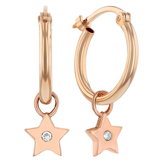 Diamond Star Drop Hoop Earrings in Rose Gold