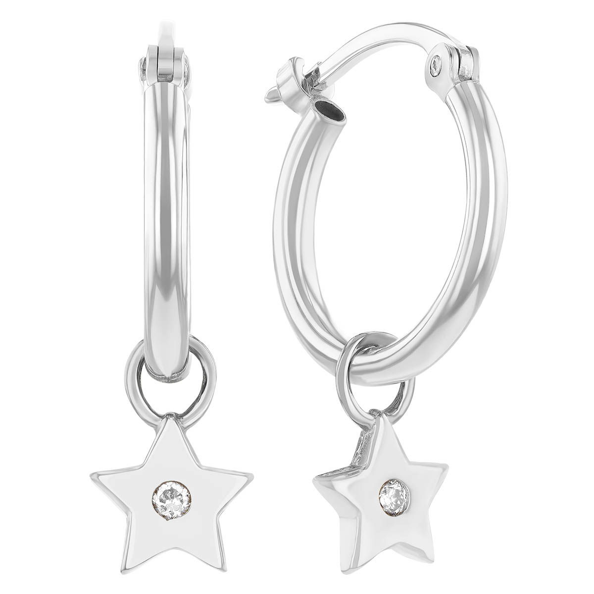 Diamond Star Drop Hoop Earrings in White Gold