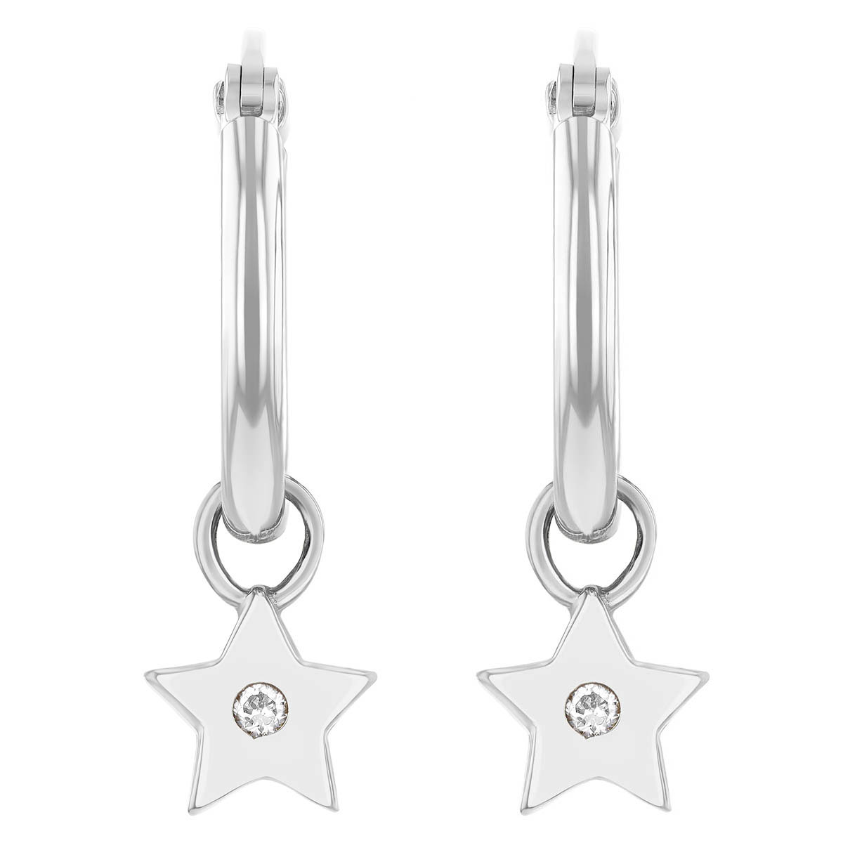 Diamond Star Drop Hoop Earrings in White Gold