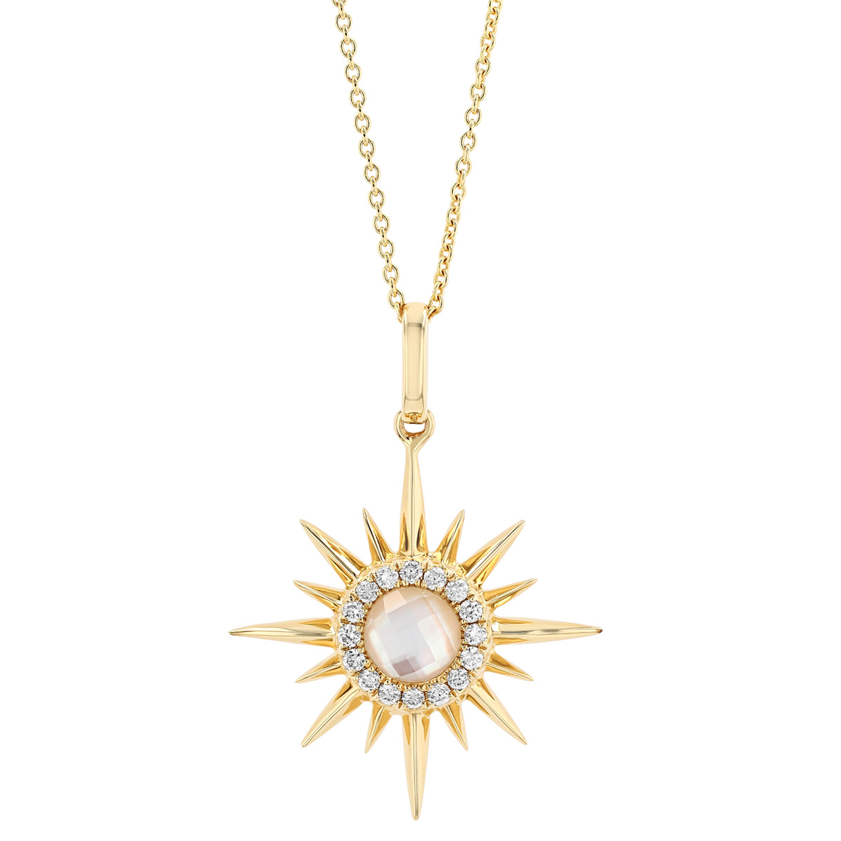 Doves Quartz, Mother of Pearl & Diamond Sunburst Pendant in Yellow Gold
