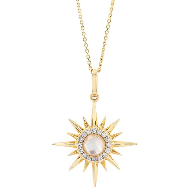 Doves Quartz, Mother of Pearl & Diamond Sunburst Pendant in Yellow Gold