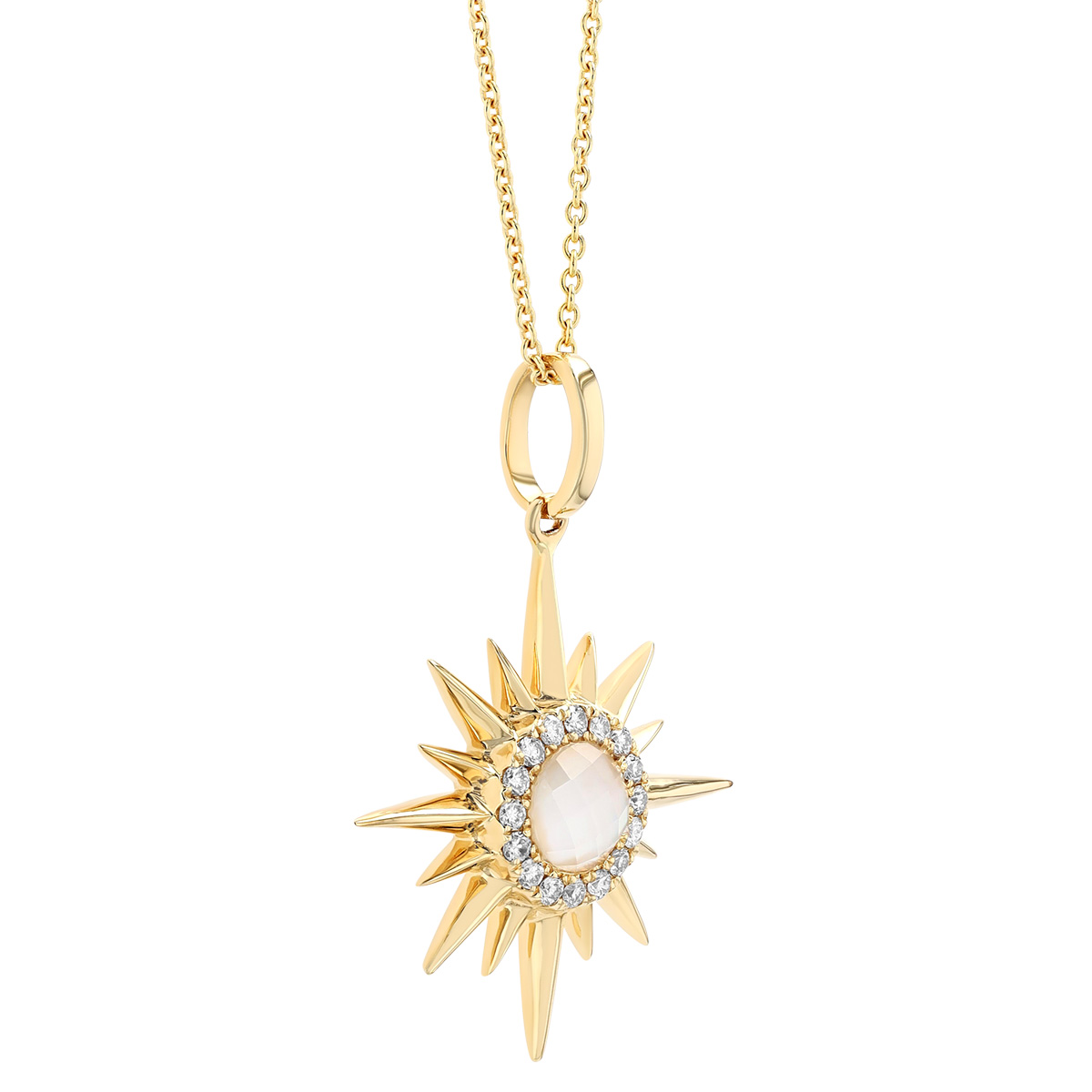 Doves Quartz, Mother of Pearl & Diamond Sunburst Pendant in Yellow Gold