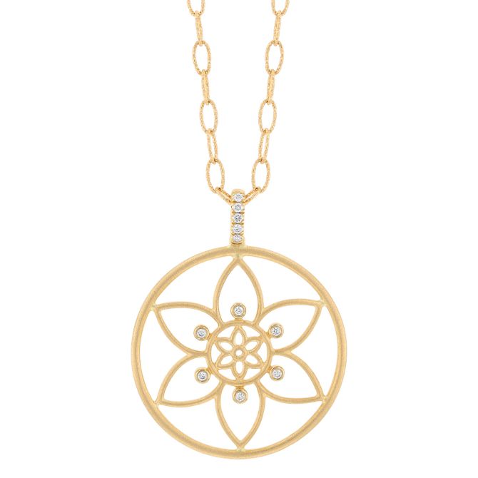 Doves Diamond Open Flower Circle Pendant in Yellow Gold, 18"