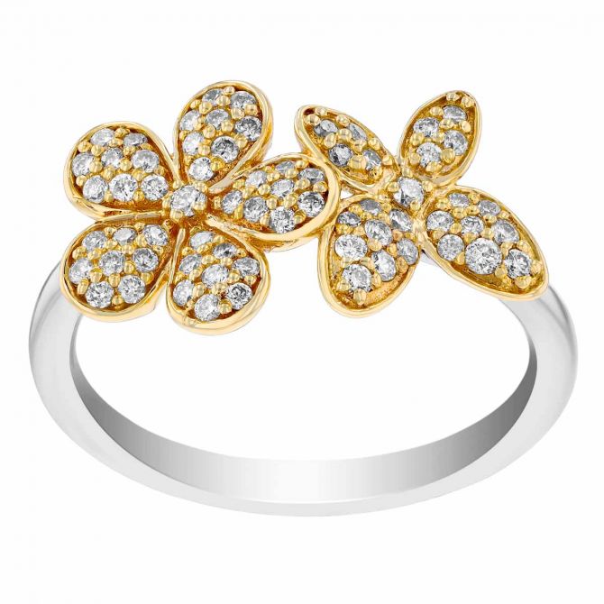 Diamond Pave Flower & Butterfly Ring in Two Tone