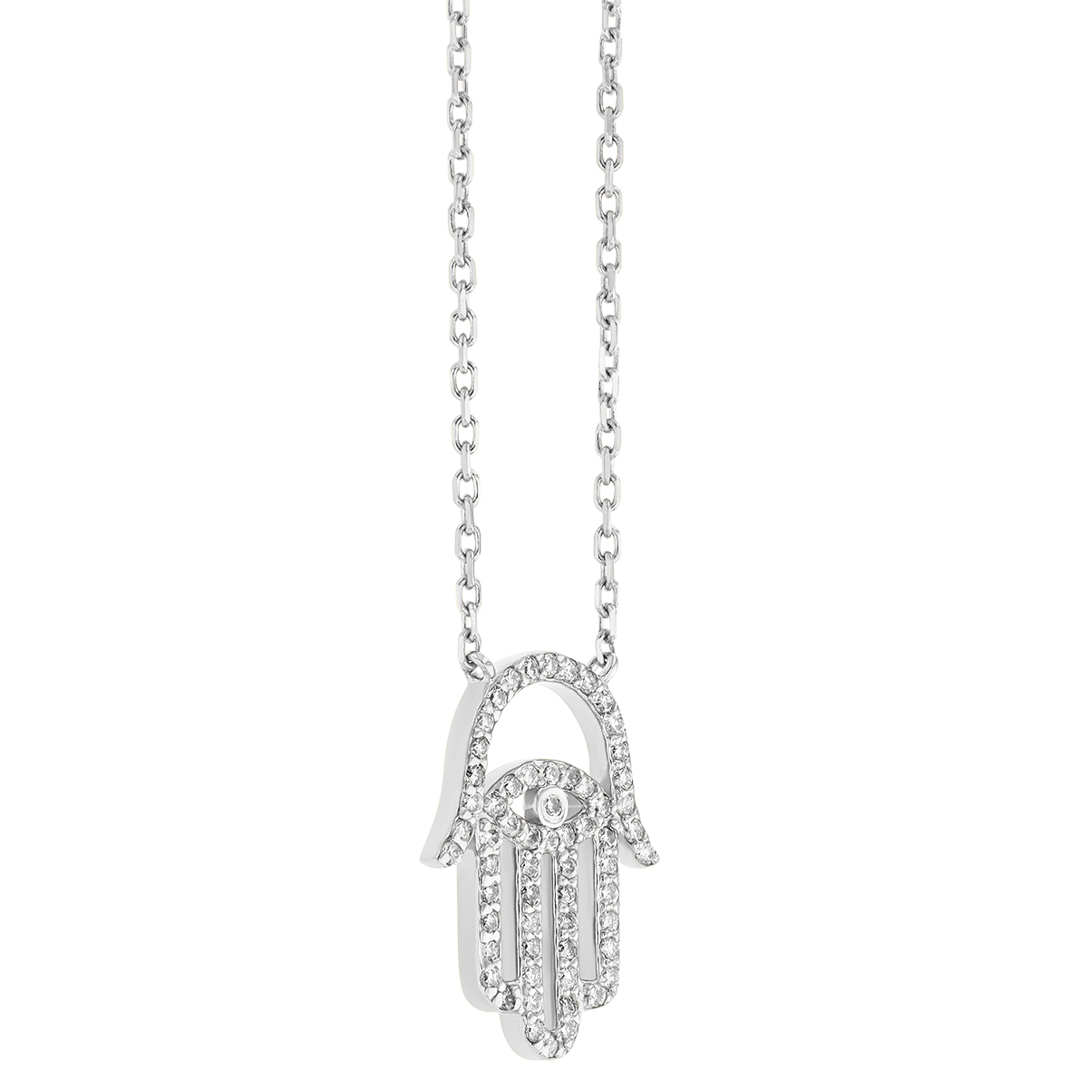 Diamond Pave Open Hamsa Pendant in White Gold, 17