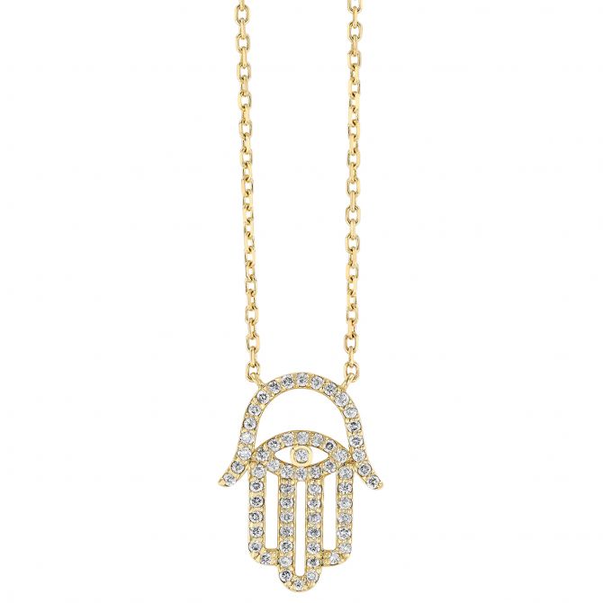 Diamond Pave Open Hamsa Pendant in Yellow Gold, 17"
