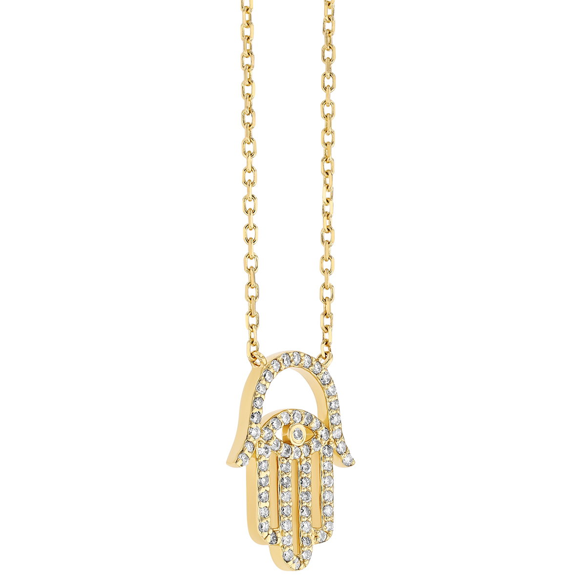 Diamond Pave Open Hamsa Pendant in Yellow Gold, 17