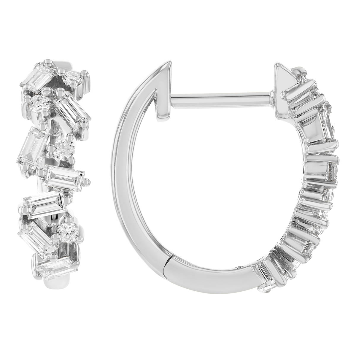 Baguette & Round Diamond Huggie Hoop Earrings in Yellow Gold