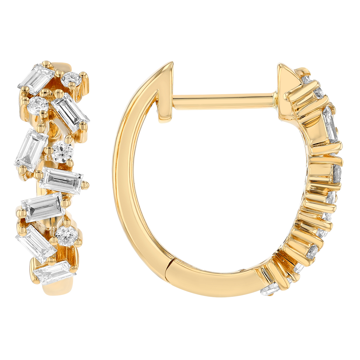 Baguette & Round Diamond Huggie Hoop Earrings in Yellow Gold