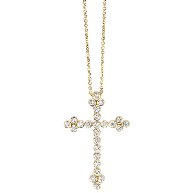 Bezel Set Diamond Cross Pendant in Yellow Gold, 18", 0.29 cttw