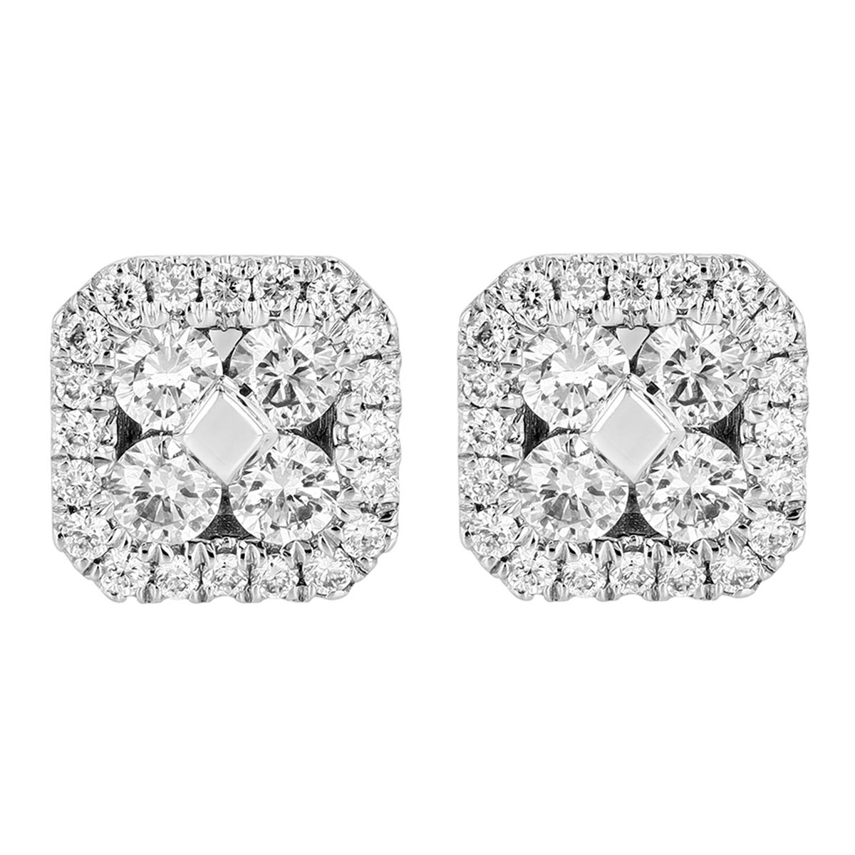 Diamond Cluster Square Stud Earrings in White Gold