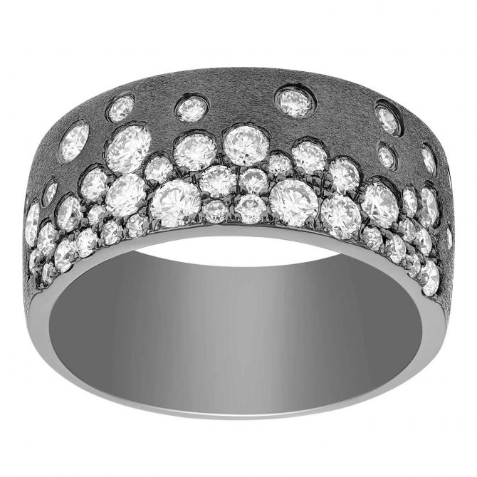 Flush Set Scattered Dimond Wide Band Ring in Black Rhodium White Gold