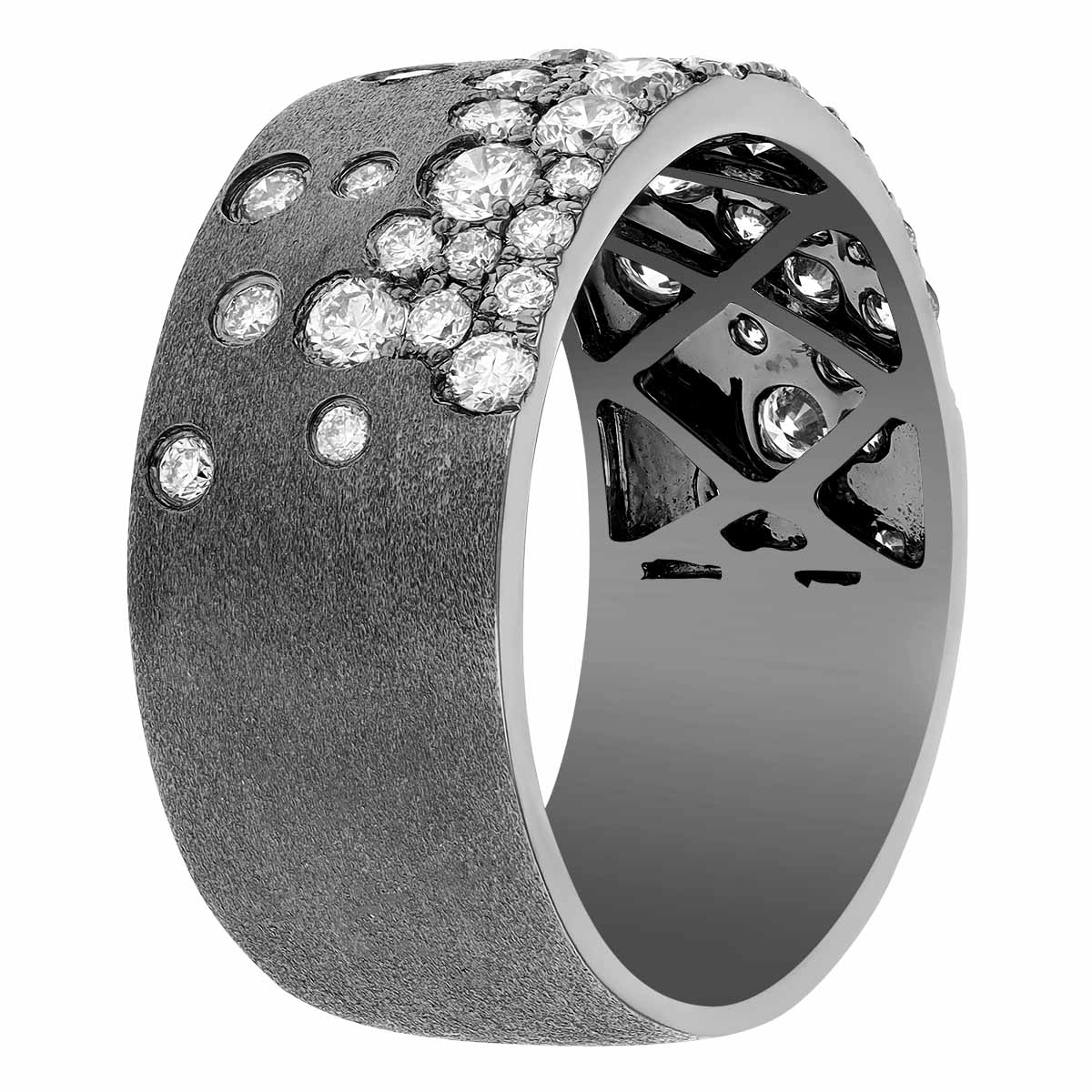 Flush Set Scattered Dimond Wide Band Ring in Black Rhodium White Gold