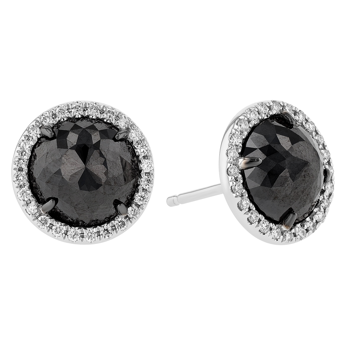 Rose Cut Black Diamond & White Diamond Halo Stud Earrings in White Gold