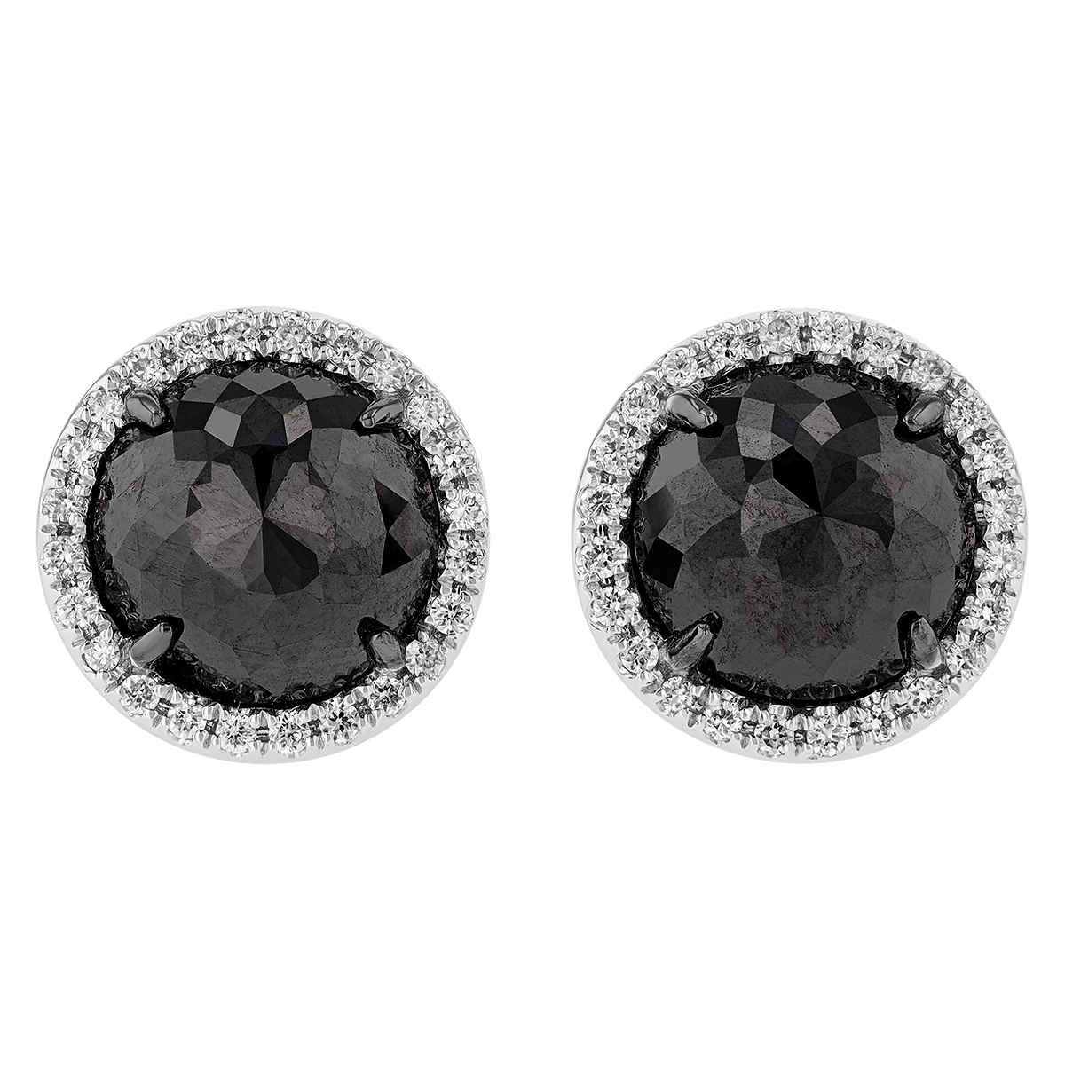 Rose Cut Black Diamond & White Diamond Halo Stud Earrings in White Gold