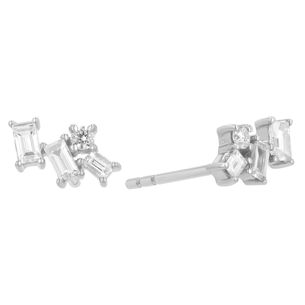 Baguette & Round Diamond 4 Stone Cluster Stud Earrings in White Gold
