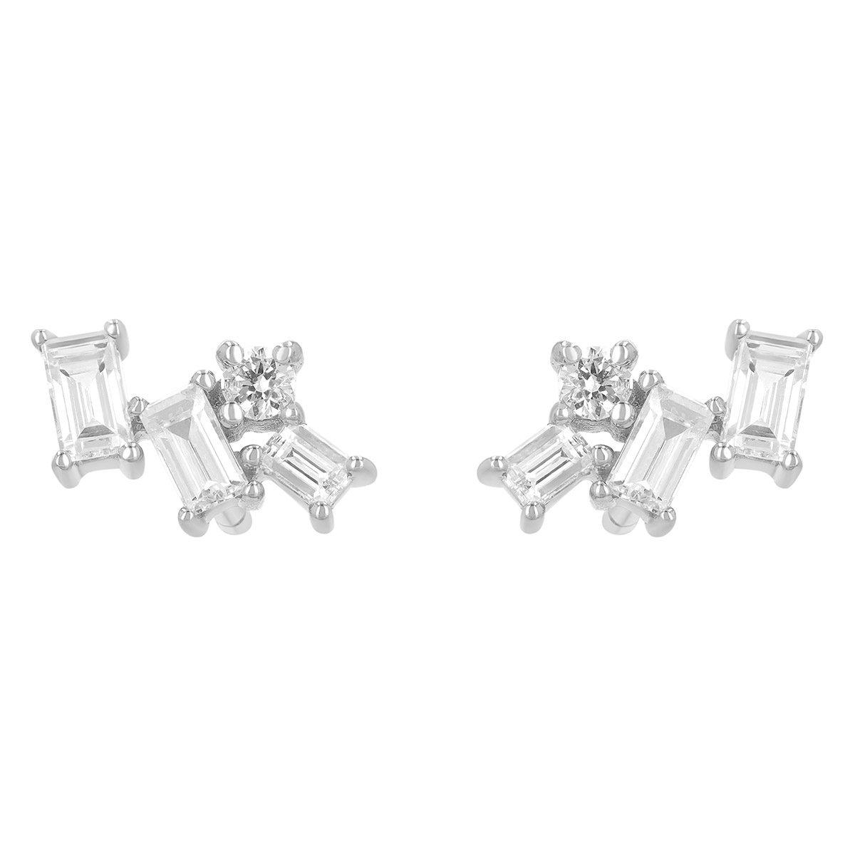 Baguette & Round Diamond 4 Stone Cluster Stud Earrings in White Gold