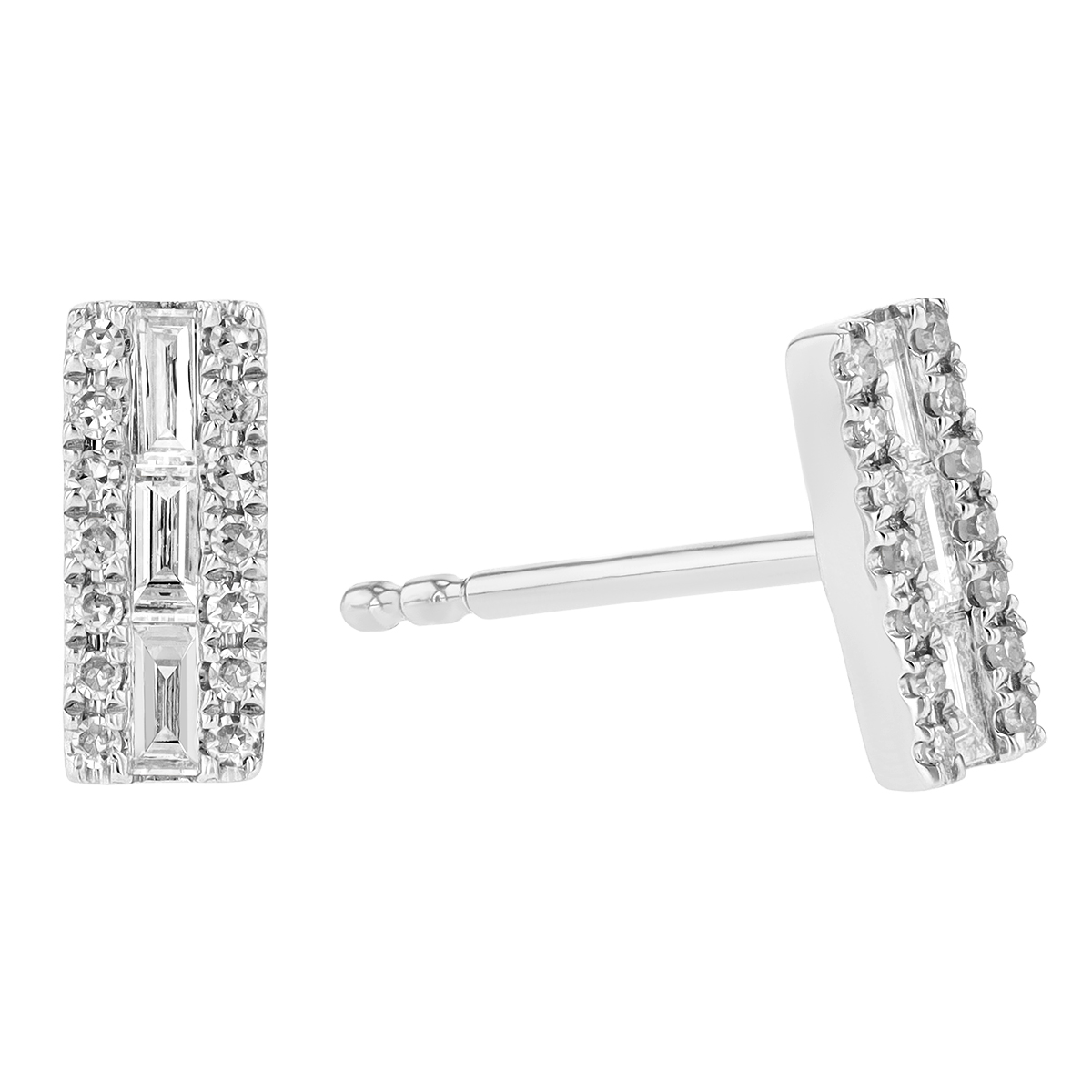 Baguette & Round Diamond Column Stud Earrings in White Gold