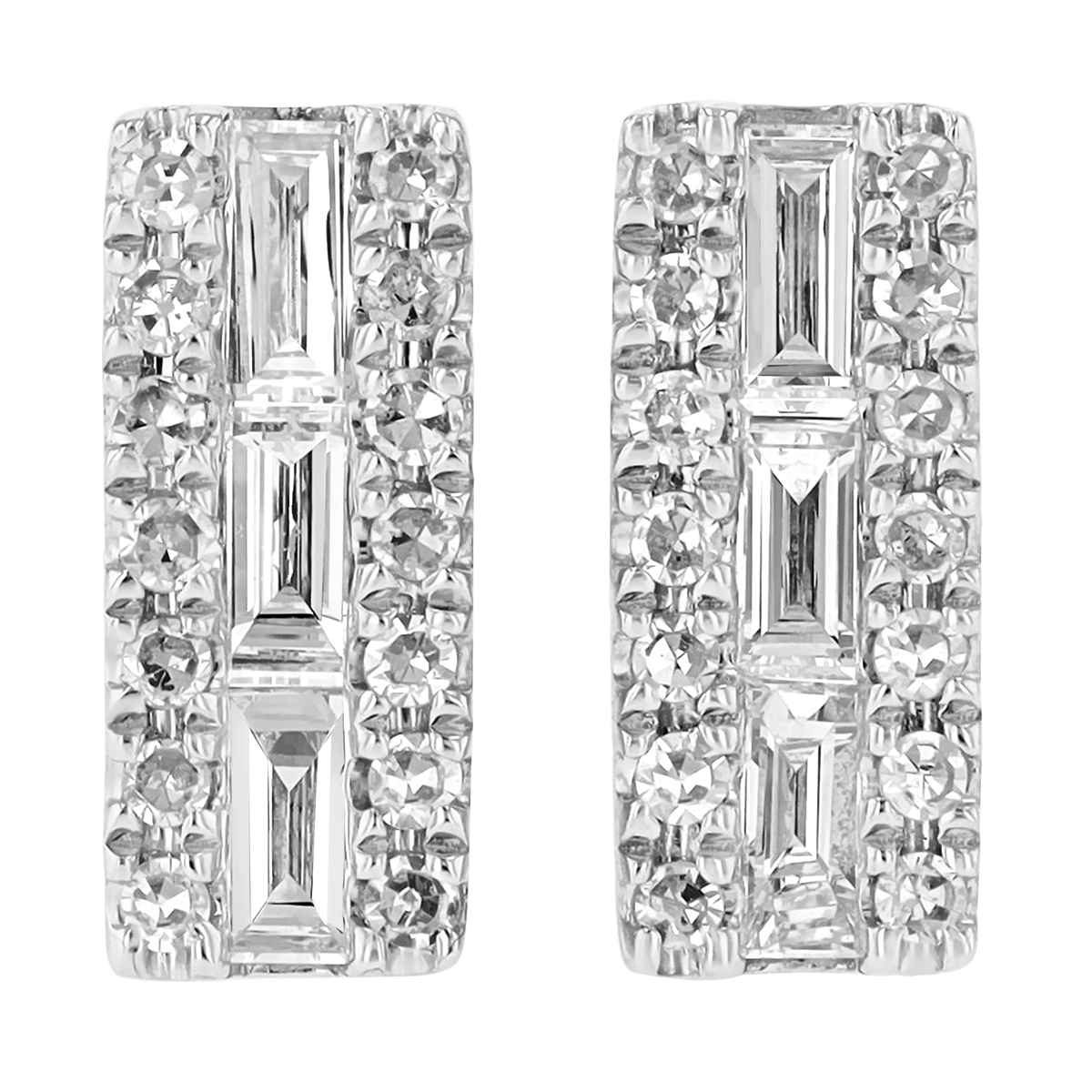 Baguette & Round Diamond Column Stud Earrings in White Gold