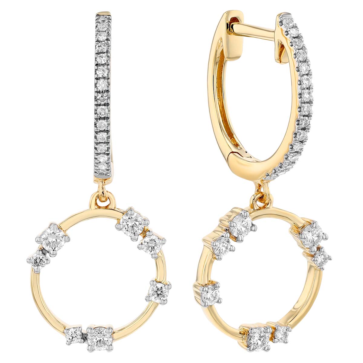 Diamond Scatter Open Circle Dangle Hoop Earrings in Yellow Gold